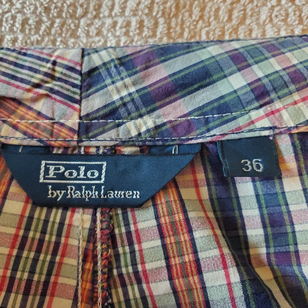 Polo Ralph Lauren Mens‎ Plaid Board Shorts Size 36 Madras Swim Trunks Cargo Navy